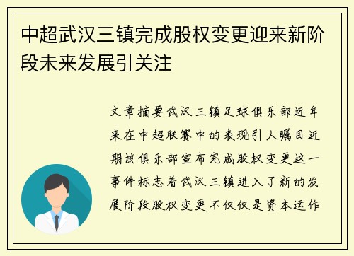 中超武汉三镇完成股权变更迎来新阶段未来发展引关注