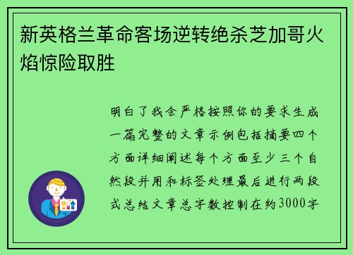新英格兰革命客场逆转绝杀芝加哥火焰惊险取胜